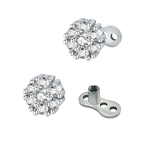 14g Cubic Zirconia Dermal Anchor Tops and Base Surgical Steel Microdermals Body Piercings (Round)