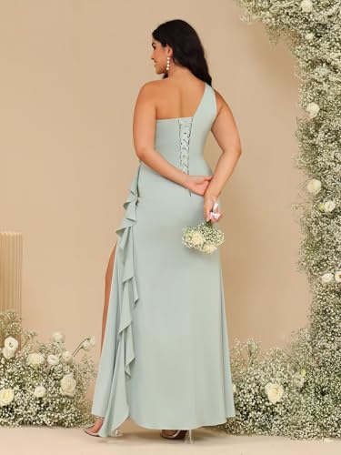 Dessiny One Shoulder Satin Bridesmaid Dresses for Women 2025 Ruffle Pleated Maxi Formal Dress with Slit DE2652