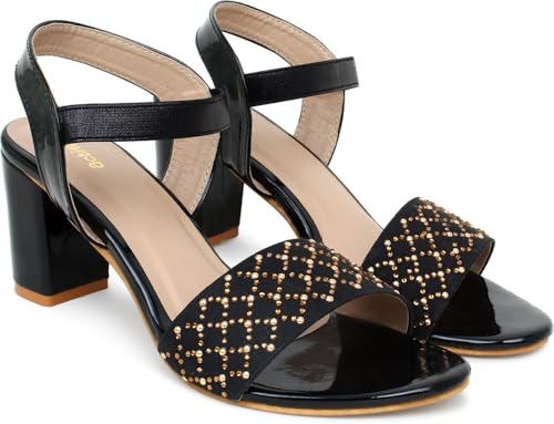 Image of Action Crystal-Embellished Slide Sandals| Block Heel| Water-Resis Tant| Textured EVA Sole Black