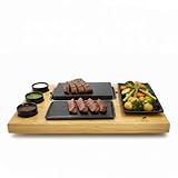 BEEFSTONE Heißer Stein Lavastein Steak-Brett Modell EVO, mit Teller in Schieferoptik, 3 Dipschalen und einer Beilagenplatte, 8-Teilig, Hot Stone Steak