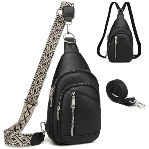 Travistar Crossbody Sling Bag for Women Men Wide Strap Cross Body Purse Leather Casual Daypack Chest Backpack with Back Strap Large Fanny Pack Anti Theft Belt Sash Bag for Travel Hiking Cycling Black