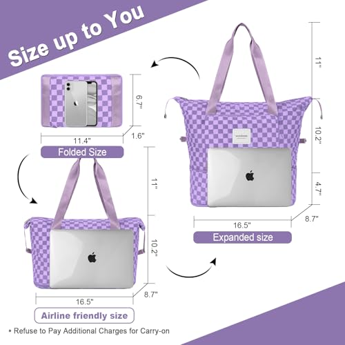 WOOMADA Foldable Travel Duffel, Weekender Bag with Expandable Space, Carry-On for Airplanes, Gym Bag for Women (Lavender Checkerboard) — view 2
