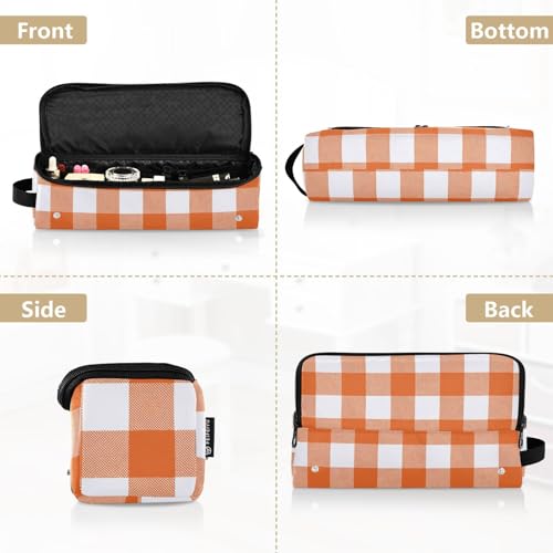 Bolsa de viaje para herramientas de cabello para mujeres con estera resistente al calor para planchas, rizadores, secador de pelo, patrón a cuadros naranja y blanco. miniatura 5