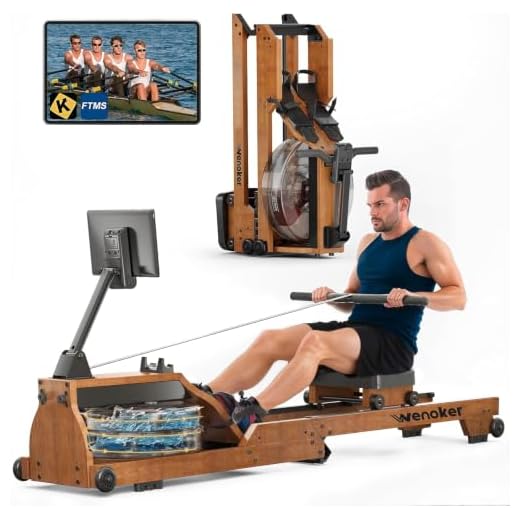 WENOKER Water Rowing Machine for Home Use, Wooden Foldable Rower Machine with Adjustable Monitor & Bluetooth APP, Large Water Tank & Comfortable Seat for Immersive Water Rower, 350LBS Weight Capacity