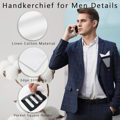 Image of White Pocket Squares for Men, Mens Linen Cotton Handkerchiefs with Pocket Square Holder for Daily Wedding Banquet