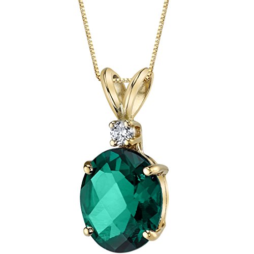 Peora Created Emerald With Genuine Diamond Pendant In 14K Yellow Gold, Elegant Solitaire, Oval Shape, 10X8Mm, 2.35 Carats Total #TOP15