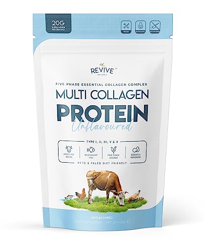 Multi Collagen Protein Powder 400g - Types I, II, III, V & X - Hydrolyzed Grass Fed Bovine, Wild Caught Fish, & Free-Range Chicken & Eggshell Collagen by Revive Naturals