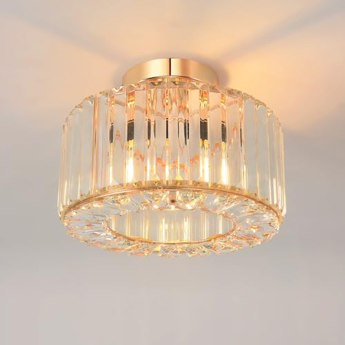 ANWIO Gold Crystal Ceiling Lights,Modern Semi Flush Mount Fittings Ceiling Lamp Fixture,Hallway Ceiling Lights,Dia 26.5cm Crystal Chandelier for Living Room Dining Room Kitchen Bathroom (E27 Base)