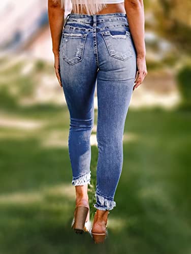 Flamingals Women’s Jeans Mid Waist Distressed Asymmetrical Raw Hem Crop Skinny Leg Mid Blue L #TOP4