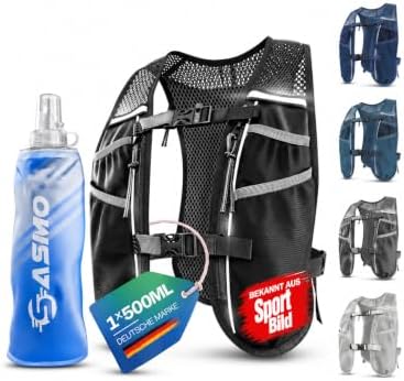 SASMO Laufweste Damen & Herren mit Trinkflasche, 270g Ultraleicht | Trinkweste Laufen, Laufrucksack, Trinkrucksack, 8 Taschen, 2L Trinkblase kompatibel, Atmungsaktiv, Joggen Wander