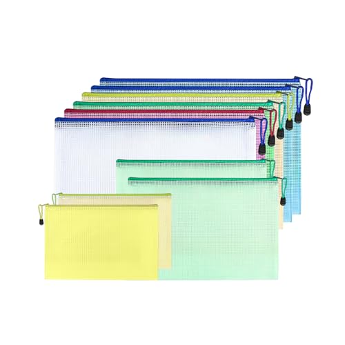 Pasta de tamanho para livros, documentos Cor 10 peças Bolsa de malha com zíper - 3 tamanhos de bolsa
