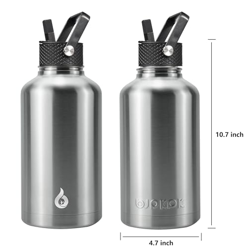 Image of BJPKPK Half Gallon Insulated Water Bottles with Straw Lid, 64oz Large Water Jug, Stainless Steel Bottles with 3 Lids and Paracord Handle, Thermo for Hot & Cold Liquid, Stainless Steel