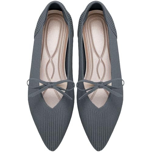 Image of TINGRISE Women's Pointed Toe Flats Comfortable Knit Ballet Shoes Washable Dressy with Bow Business Casual Work Shoes