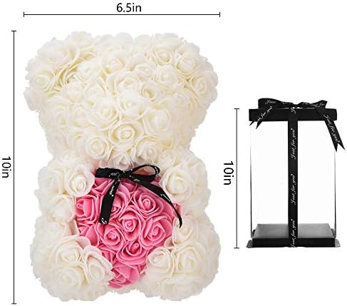 KWT Valentine's Gift,Birthday Gifts, Rose Flower Bear-Hand Made Rose Teddy Bear Hug Hear,Gifts for mom, Gifts for Girls,Unique Giftst For Lover, 10 Inches Clear Gift Box Included (White)