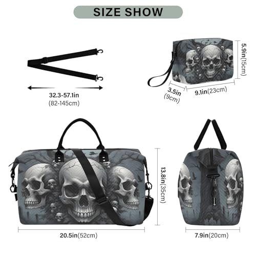 Large Travel Duffel Bag, Three Skull Sports Tote Gym Bag, Shoulder Weekender Overnight Bag for Women Men, Carry On Luggage with Toiletry Bags3
