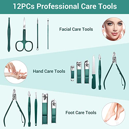 Nail Clippers Manicure Set DUAIU 12PCs Professional Nail Clipper Set Stainless Steel Pedicure Kit for Men Women Nail Care Tools Grooming Kit with Travel Case (Green) - Image 3