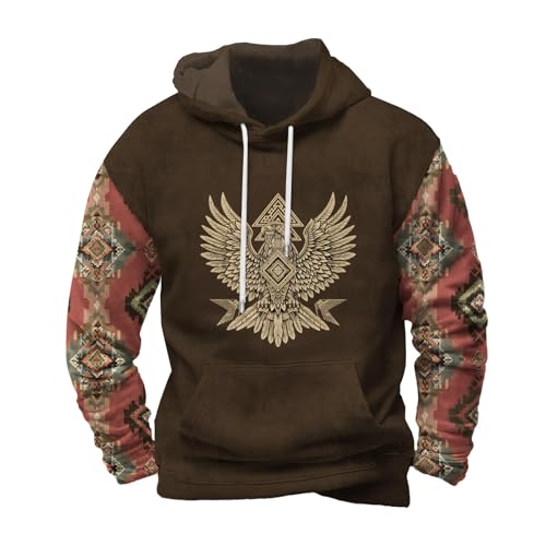 Aztec Hooded Sweatshirts for Men Long Sleeve Fall Western Tribal Cowboy Hoodies Vintage Graphic Hoodie with Pocket