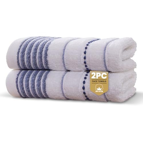 Image of Rapport Home Dakota Stripe Face Towels 2-Pack Luxurious 100% Cotton 500gsm Soft Absorbent Face Cloths, Oeko-Tex Certified Bathroom Hand Towels | Blue (30x30cm)