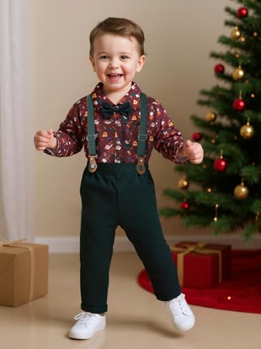 Image of Boarnseorl Baby Boys Pants Sets, Infant Long Sleeve Shirt + Pants + Bow Tie + Suspenders Outfits