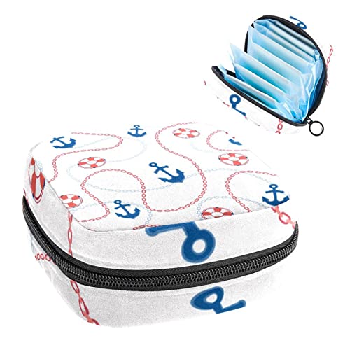 Women Sanitary Napkins Pads Handbag Ladies Menstrual Cup Pouch Girls Portable Tampon Storage Bag Anchor Shape Line Period Pouch with Zipper
