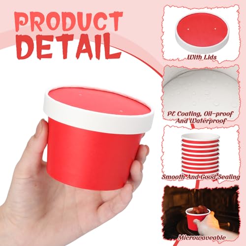 Image of Fulmoon 8 oz 100 Pack Paper Containers with Lids Soup Bowl Cup, Red | Disposable Ice Cream Cup, Kraft Food Containers with Vented Lid Stackable for Hot Soup Dessert Cake Fruit Microwave Takeout