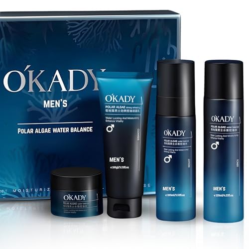 MEN`S KORAL Set de Cuidado Facial para Hombres, Algas Polares, Centella asiática , Balance de Agua, 4 Productos,Loción y Crema Hidratante, Limpiador, Tónico, 100-120ml