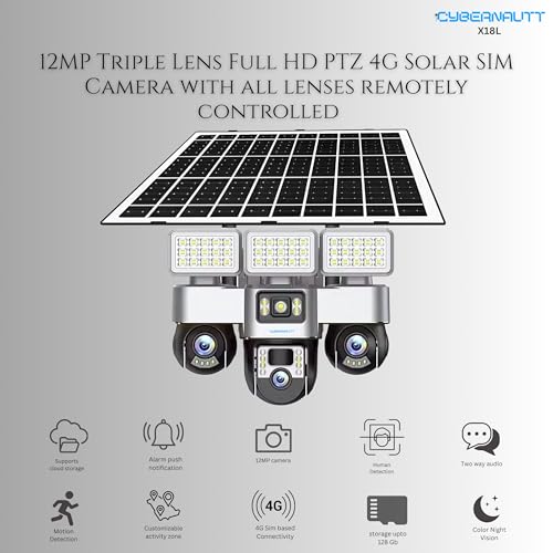 Image of XUGA - Cybernautt X18L 12MP 3 Lens PTZ Solar 4G Sim Wireless Outdoor CCTV Camera with Three Side View | 360 | All 3 Lens Mobile Operated | Motion Detection, Motion Tracking | Use 4G Sim
