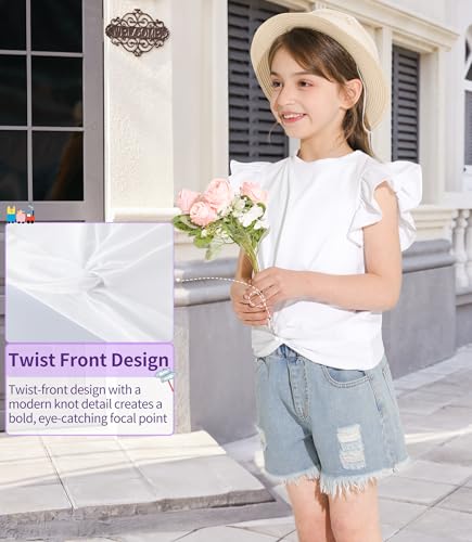 Image of Girls Ruffle Short Sleeve Blouse Twist Front Shirt Summer Crewneck Casual Tops White 13-14 Years