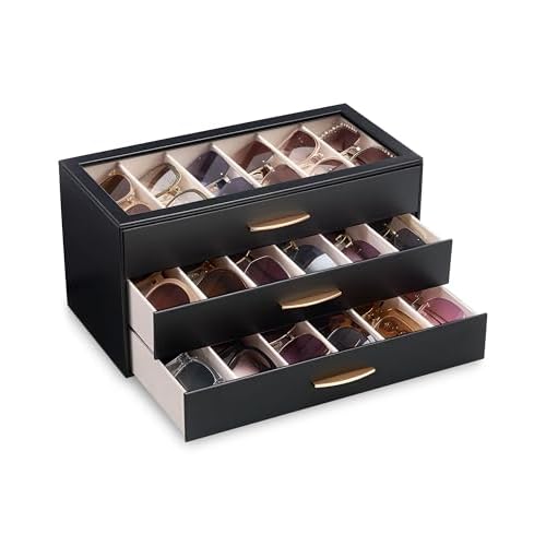 Lolalet Sunglasses Organizer Case for Women, Eyeglass Storage Holder Display Box with Clear Top Lid 18 Slots 3 Layers Black
