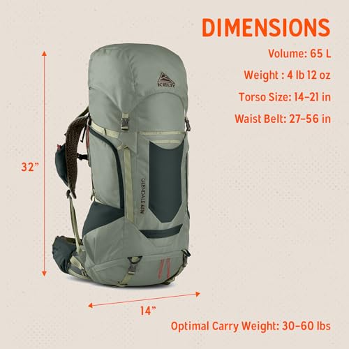 Image of Kelty Glendale 65L to 105L Internal Frame Backpack - Multi-day Backpacking Thru Hiking Pack, Adjustable Suspension, Customized Fit (Sea Spray, 65L)