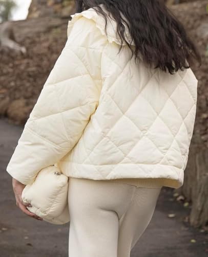 Womens Quilted Puffer Jacket Frilly Peter Pan Collar Button Lightweight Cream Cute Fall Coat with Pockets4