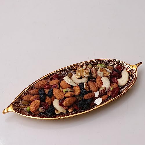 Image of KridayKraft Hand Crafted Metal Leaf Shape Tray with Collectible Art Perfect for Home Centre Table Serving Dry Fruits (Golden, Pack of 1)