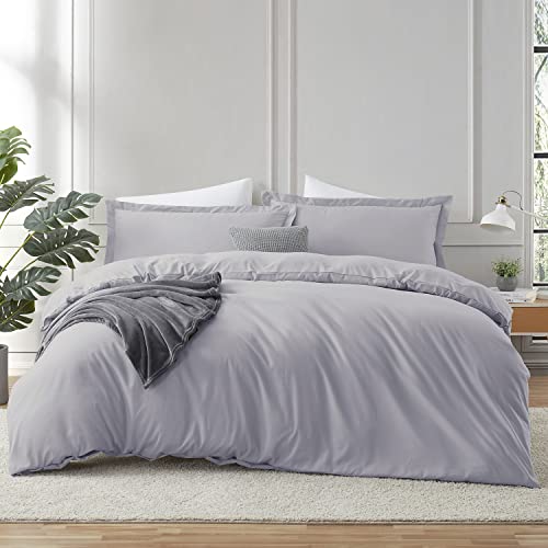 Image of Hearth & Harbor Grey Lavender Duvet Cover with Fitted Sheet Queen Size | 4 Piece Soft Double Brushed Bedding Set, Button Closure, 1 Duvet Cover 90x90 Inches, 1 Fitted Sheet, 2 Pillow Shams