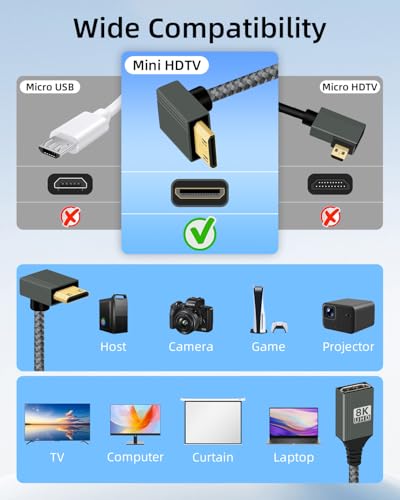 YANBORONSN Mini HDTV do HDTV 8K 90 stopni adapter w dół krótki pleciony kabel przedłużający mini-HD męski na HDTV2.1 żeński z 8K przy 120 Hz do aparatu, laptopa (0,15 M)