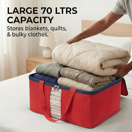 Image of EASY HOME 70 litre Storage Bags for Clothes Large | Cloth Storage Organizer with Zip Closure | Wardrobe Bag for Sarees & Blankets | Moisture Proof Nylon Cover Bag (Pack of 2)