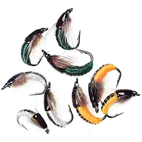 GREATFISHING 9pc 3 Colors Super Sturdy Realistic Nymph Scud Flies for Trout Nymph Beadhead Fishing Wet Assortment Flies Bug Worm Scud Looking Three Sizes Choice (9pc #10(3 Colors Combo)) Cover