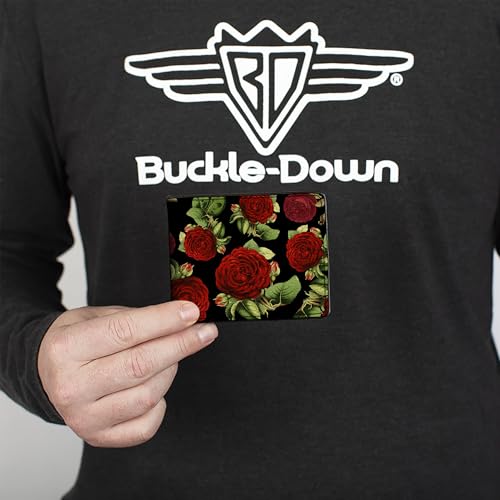 Buckle-Down Men's Wallet, Bifold, Red Rose Blooms Buds Black, Vegan Leather, 4.0" x 3.5"3