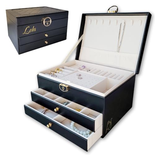 BS Boîte à bijoux pour femme et fille | Boîte à bijoux personnalisée avec prénom, pour cadeau - fête | Rangement bijoux verrouillable à clé, en cuir...