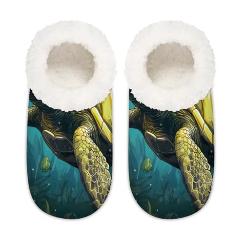 Blue Ocean Teal Sea Turtle Women's Soft Slippers Fuzzy Slip On House Slippers for Winter Bedroom Outdoor with Fleece Lining2