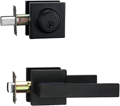 Matt Black Front Door Lockset, Exterior Door Lock with Deadbolt, Black Door Handles with Lock | Zinc Alloy, Modern Style for Outdoor Use
