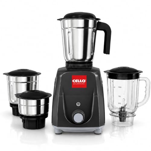Image of CELLO Unitech 600W Mixer Grinder with Juicer Jar | 4 Jars | Copper Motor | 3 Speed Control | Stainless Steel Blades | Mixer, Grinder & Juicer for Juices (Unitech 600W Mixer Grinder Black)