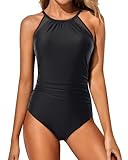 Talisea High Neck One Piece Swimsuit Tummy Control for Women Mesh Ruched Slimming Bathing Suit Full Coverage Swimwear Black