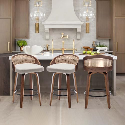 Image of 24.8 inch Swivel Rattan Bar Stools Set of 3,Mid-Century Modern Beige Linen Fabric Upholstered Counter Height Stools,Kitchen Island Barstools with Rattan Low Backrest,Walnut Wood Finish Bar Chair