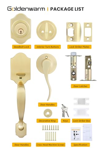Image of Goldenwarm Front Door Handle and Deadbolt Set, Gold Front Door Lock Set with Reversible Handle Lever, Classic Brass Front Door Hardware, Front Door Handles and Locks