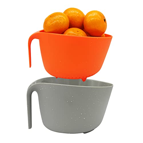 MiHerom 2 in 1 Colander with Long Handle Strainer and Mixing Bowl, Fruit Vegetable Washing Basket, Double Layered Strainer, Non-slip Bottom, Stackable, Dishwasher Safe, Soaking Draining and Straining