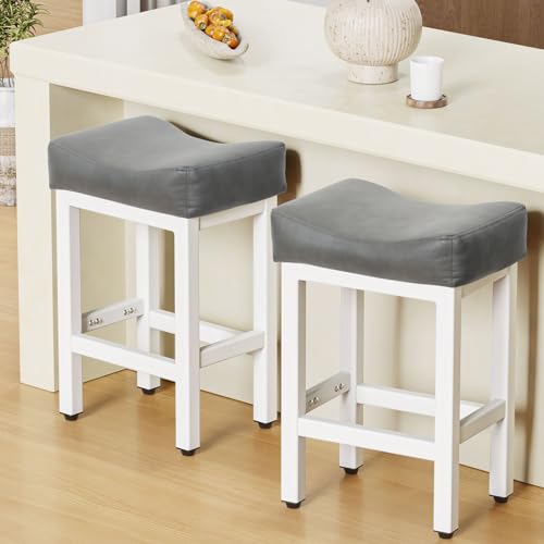 Image of Raynesys Counter Height Bar Stools Set of 2, 24 Inch Barstools for Kitchen Island Counter, Bonded Leather Kitchen Stools with Thick Saddle Seats & Heavy Duty Metal Base, Easy Assembly, Gray /White