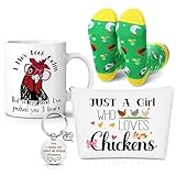 Sunnychicc 4 Pcs Funny Chicken Lovers Gifts Set, Include Rooster Coffee Mug I May Look Calm But in My Head I've Pecked You 3 Times Chicken Keychain Socks Makeup Bag Funny Gift for Chicken Lovers Women