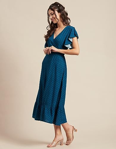 Image of Moomaya Women's Printed Dress, V-Neck, Short Sleeves, Ruffled Midi Summer Dress