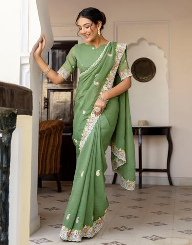 Image of SIRIL Women's Shimmer Chiffon Sequence Embroidery Saree With Unstitched Blouse Piece for Wedding and Parties