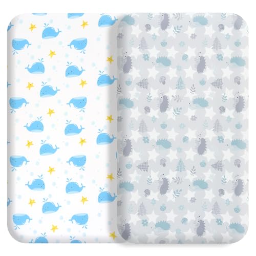 Image of FHMJYH Bassinet Bed Sheet Set 2 Pcs Fits Rectangle Oval Halo Hourglass Mattress Stretch Bassinet Bed Sheet Soft and Comfortable (Baby Whale & Hedgehog)